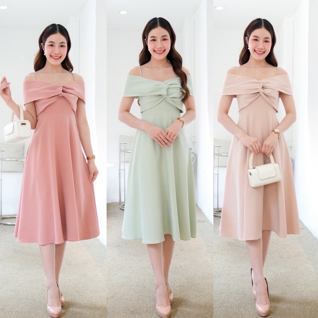 kudapy เดรสสั้นสีรีมนู๊ด/สีเขียวมิ้นท์/สีชมพู ผ้าเครปเกาหลี มิดี้เดรสเปิดบ่า ดีเทล อกปมไขว้พรางต้นแขนส่เปิดบ่า หรือใส่เป็นสายเดี่ยวก็น่ารัก