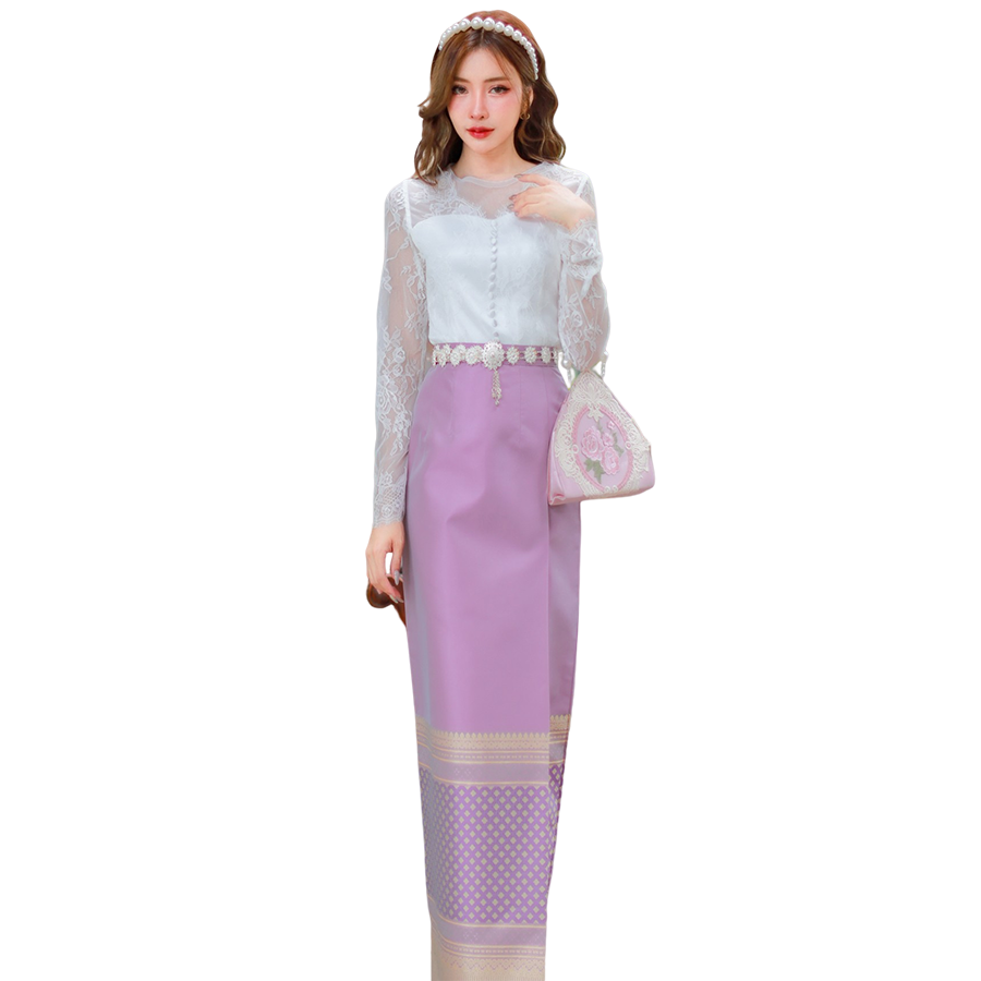 kudapy เสื้อลูกไม้เนื้อนิ่มแขนยาวสีขาว+ผ้าถุงสีม่วง สีกรมท่า สีชมพู ชุดไปงานแต่งเนื้อแน่น ผ้าทอลายอย่างดี