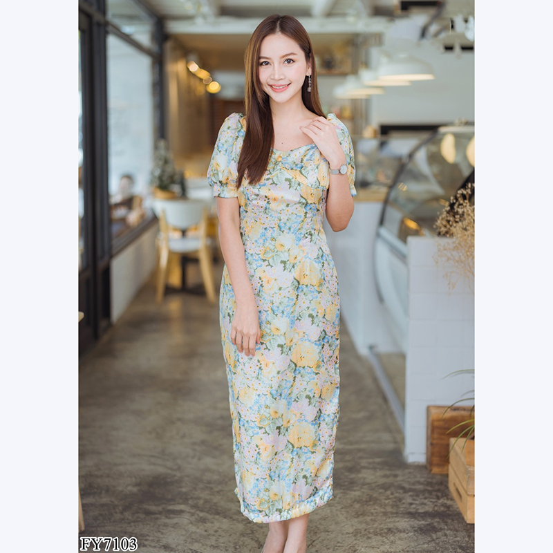 kudapy เดรสยาวสีเหลือง/สีม่วง เกาหลีแขนย่น สวยใส่สบายดูดี