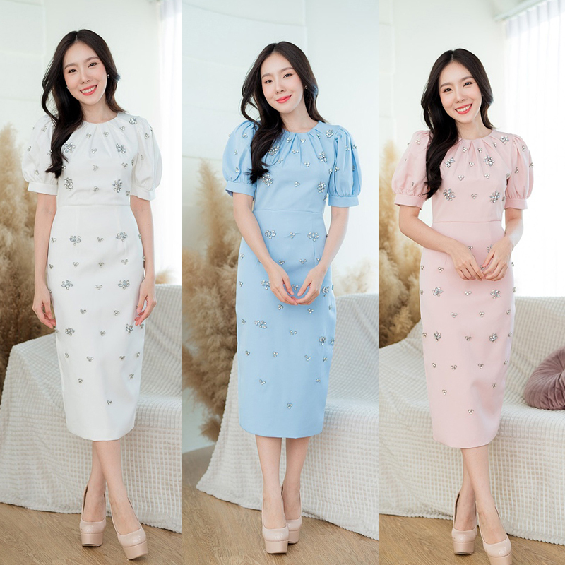 kudapy เดรสยาวสีขาว/สีฟ้า/สีชมพู แขนตุ๊กตาประดับเพชร