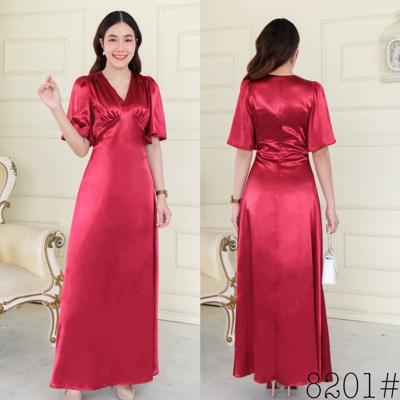 kudapy เดรสยาว แขนระฆัง คอวี คัตติ้งเอวสูง จับจีบใต้อก กระโปรงบานพรางแขน พรางสะโพก ซิปหลังยาว