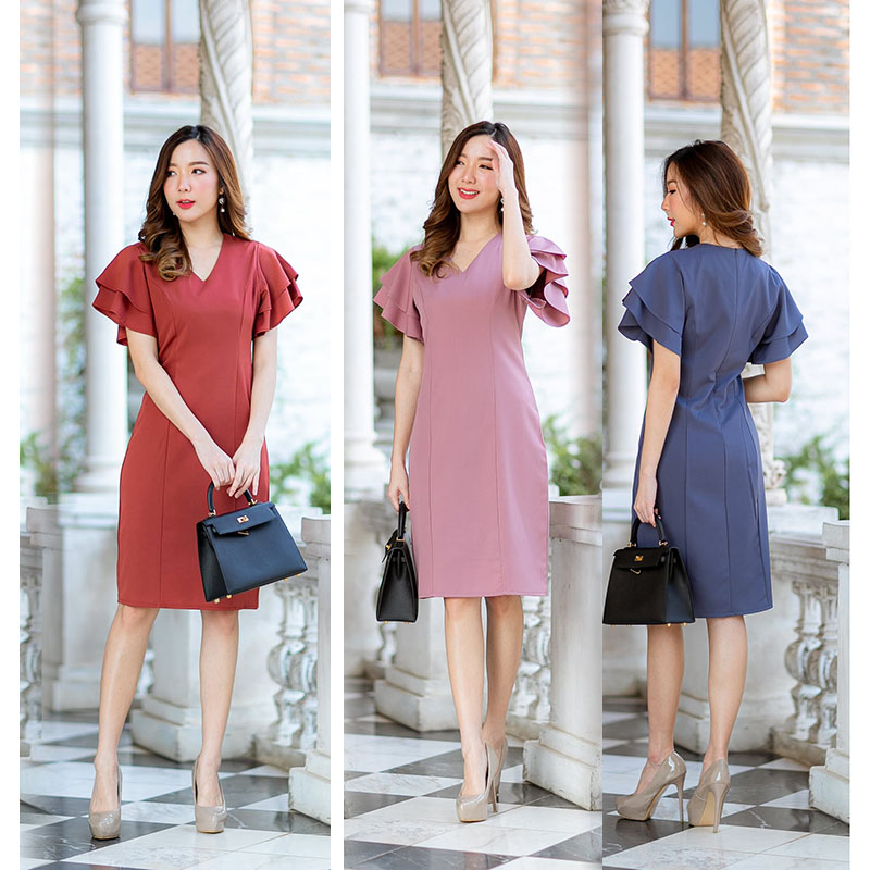 kudapy เดรสสั้นสีส้มอิฐ / ฟ้าคราม / ชมพูกะปิ สีพื้นผ้าโพลีเอสเตอร์เกรดเอ ตกแต่งแขนระบาย2ชั้น เนื้อผ้านิ่มลื่นน ซิปซ่อน ด้านหลัง สวมใส่ง่าย