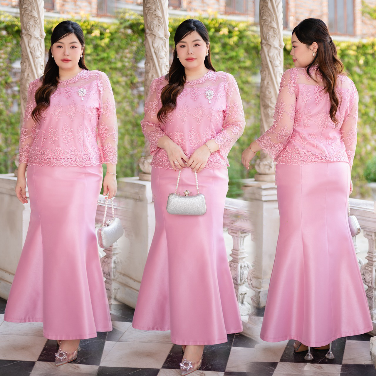 kudapy ชุดเซ็ทเสื้อ+กระโปรงทรงหางปลา งานผ้าไหมญี่ปุ่นเนื้อผ้ามันเงา อัดเรียบร้อย ตัวเสื้อตกแต่งปักลูกไม้ เกรดพรีเมี่ยมไม่แข็ง