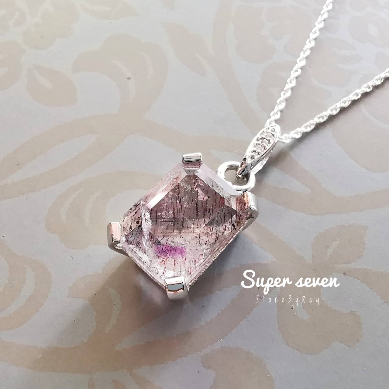 สร้อยคอเงินจี้หินซุปเปอร์เซเว่นเจียรทรงสี่เหลี่ยม
