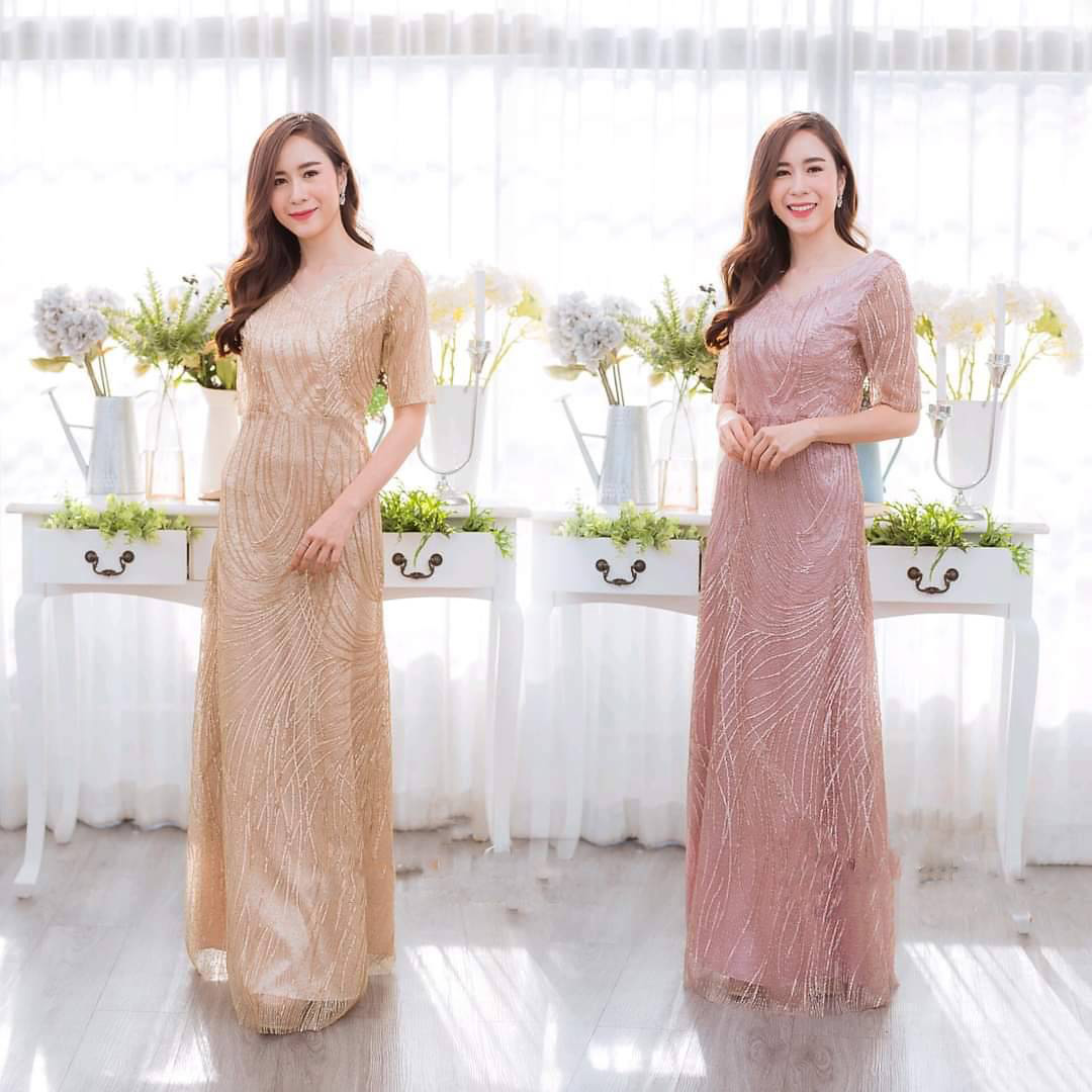 kudapy ชุดราตรียาวผ้าลูกไม้กริสเตอร์ สีชมพู/สีครีมทอง เดรสคอกลมแขนสั้น 2 ส่วน ใส่ออกงาน ลูกไม้พรีเมี่ยมทอแน่น