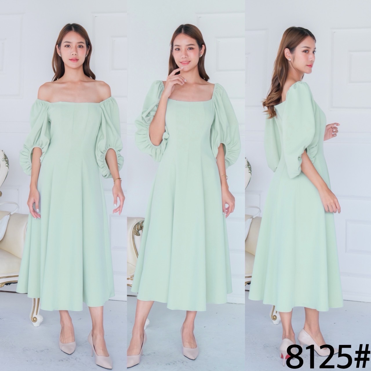 kudapy เดรสยาว คอเหลี่ยม แขนพองจีบรูด คัตติ้ง บอดี้ผ้าประกอบ8ชิ้น กระโปรงบานตีเกร็ดเอว