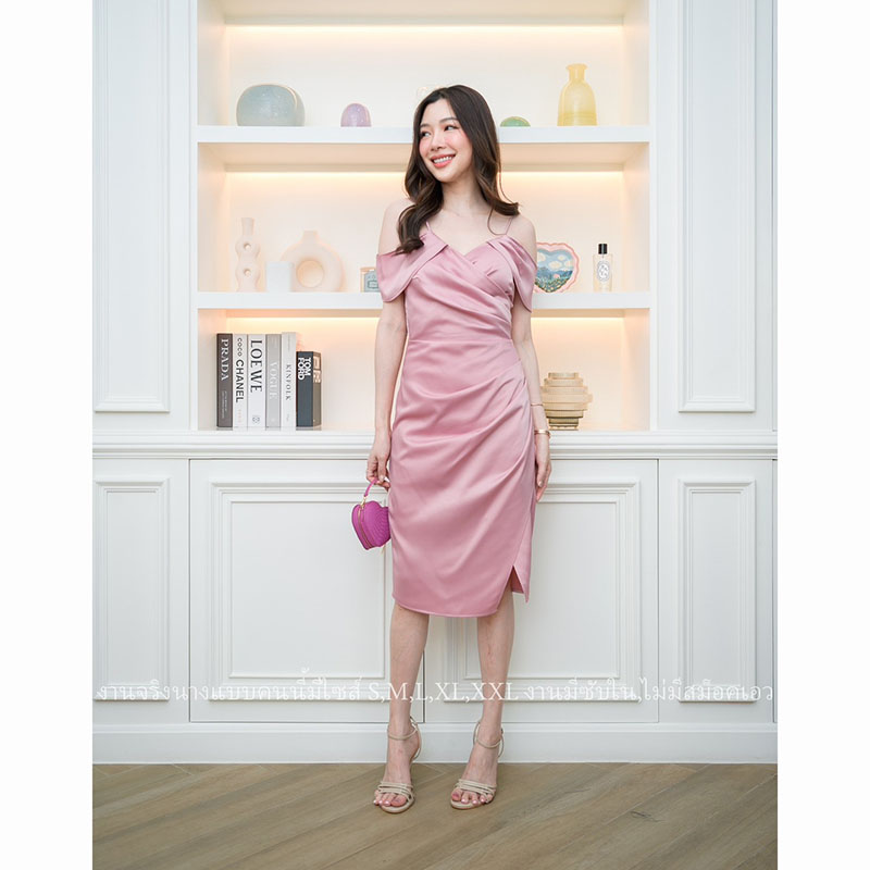 kudapy เดรสสั้นสีไวน์แดง/สีน้ำตาลอิฐ/สีชมพู ชุดราตรีสั้นปาดไหล่พรีเมี่ยมเกรด