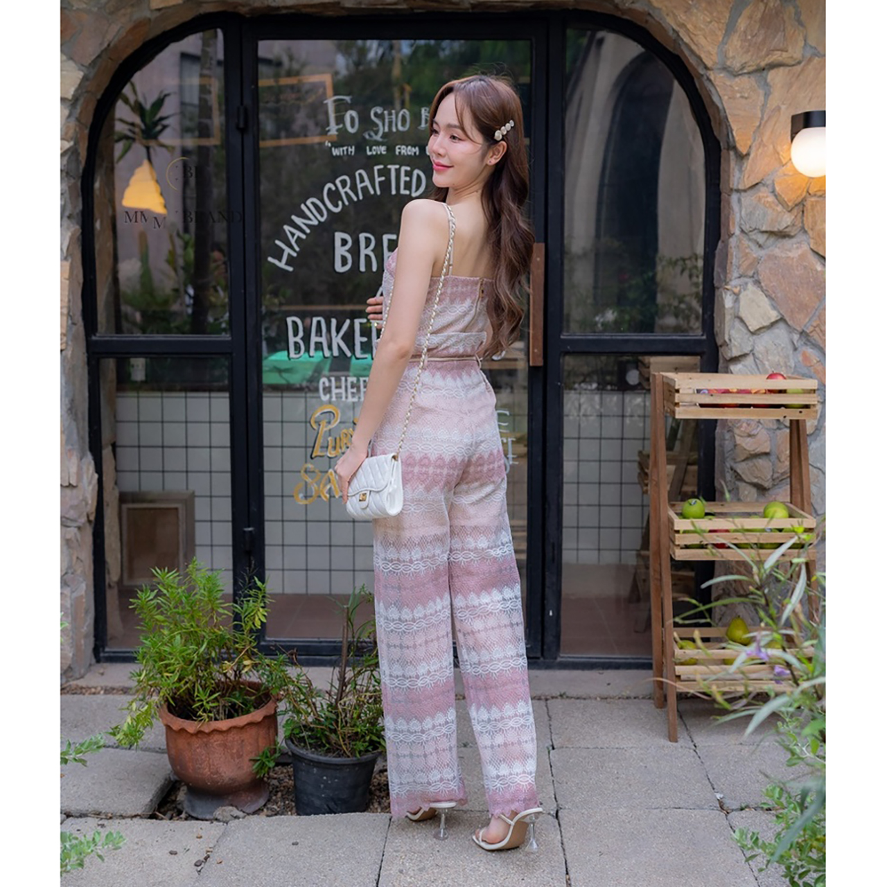 kudapy ชุดเซ็ทสีชมพู/สีฟ้า ผ้าลูกไม้ลายหัวใจ ขายาว แขนกุด ใส่สวยดูดี