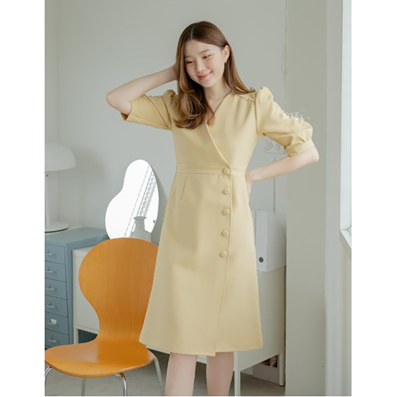 kudapy เดรสสั้นสีชมพูอ่อน,สีเหลือง,สีเขียว,สีดำ,สีชมพูนู้ด,สีแดงไวน์ ผ้านาโนเนื้อดี คอวีแขนตุ๊กตา