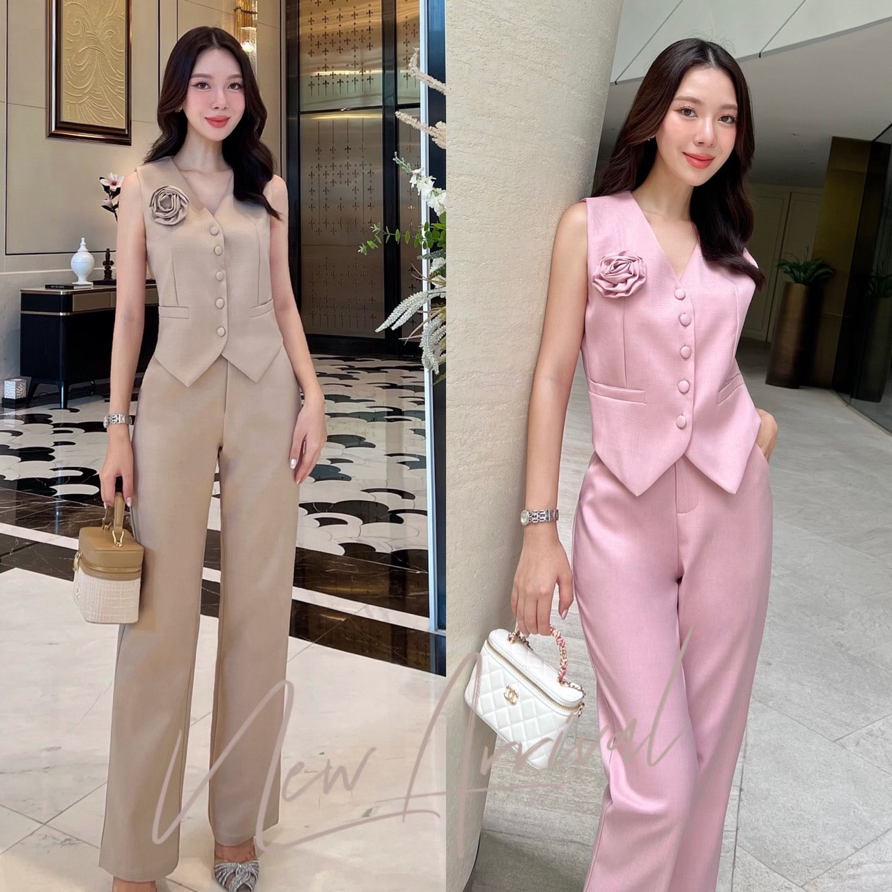 kudapy เซ็ทสูท กระดุมเป็นกระดุมปั้มใช้ผ้าเนื้อเดียวกันกับตัวชุด แถมฟรีเข็มกลัดดอกไม้ กางเกงทรงกระบอก ใช้ผ้าเดียวกันทั้งชุด