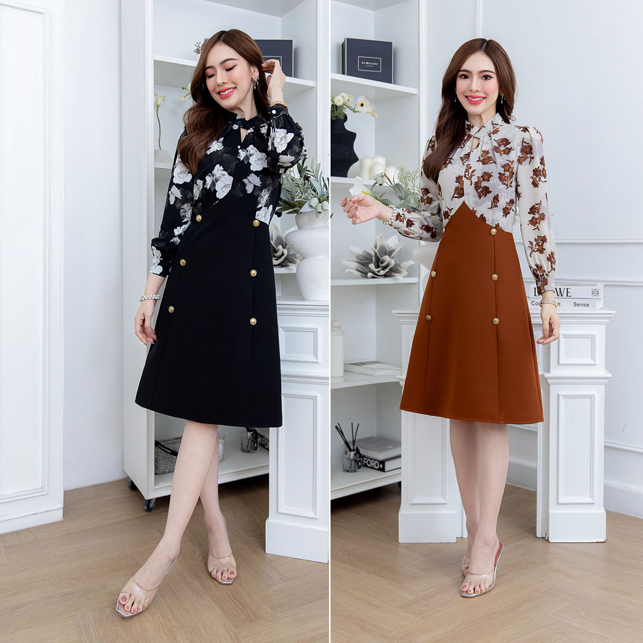 kudapy เดรสสั้นสีดำ/สีน้ำตาล คอไขว้สูง แขนยาว ทรงสวยหรู แพทเทิร์นดี เป็นผ้าลายดอกสวยตัดต่อผ้าพื้น สวยสุภาพ