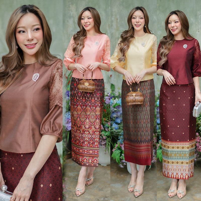 kudapy งานเสื้อผ้าไหมสี่ตะกอเส้นขีดเสื้อ+กระโปรง งานผ้าอัดกาวทั้งตัว คอกลมแขนบอดลูน (เฉพาะเสื้อ)