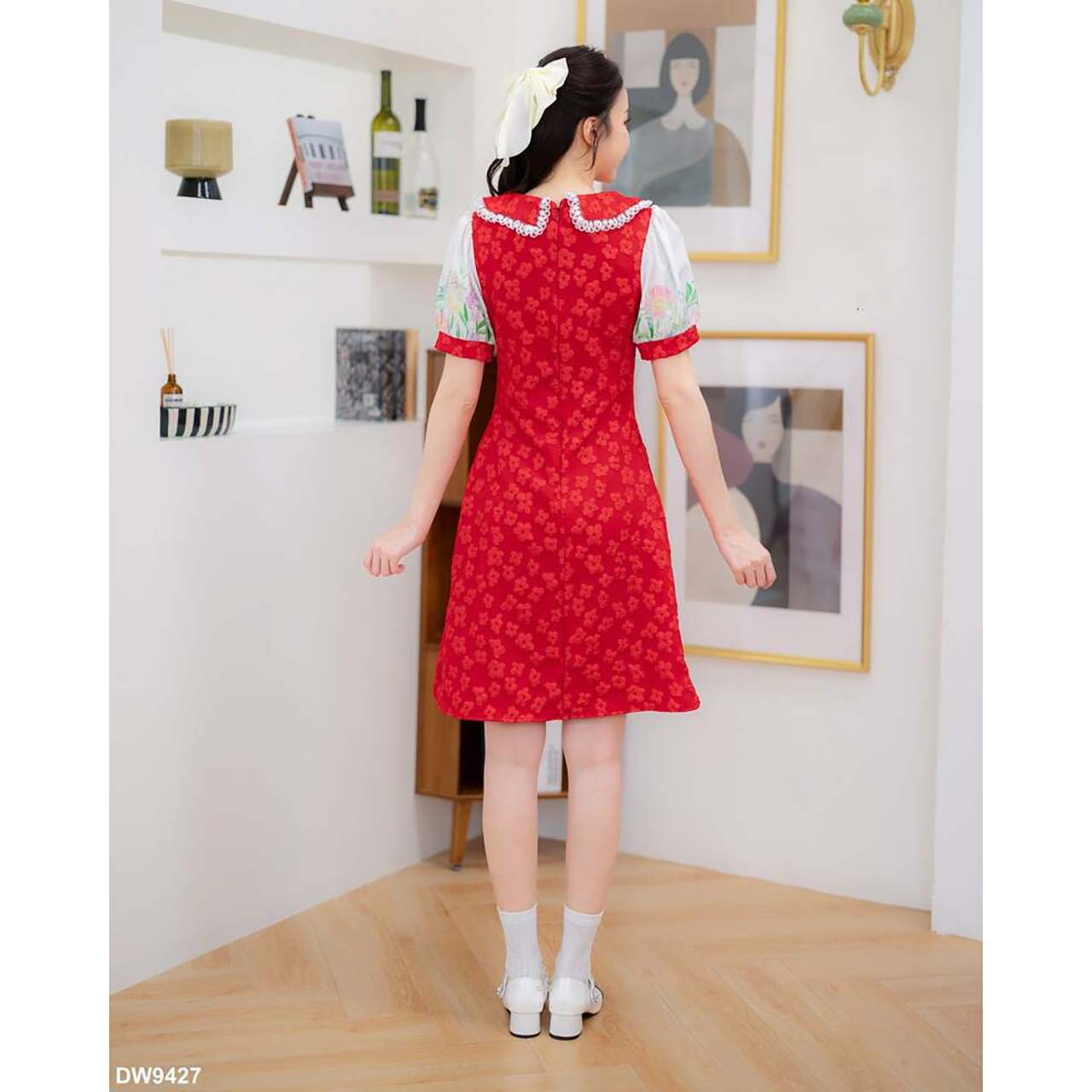 kudapy เดรสสั้นสีคราม/สีชมพู/สีแดง ทรงบานผ้าแจคกาดปักคดอก