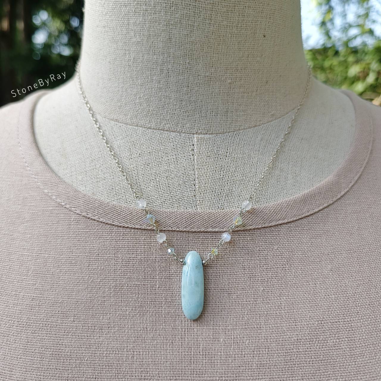 สร้อยคอเงินจี้หินลาริมาร์กับมูนสโตน Larimar