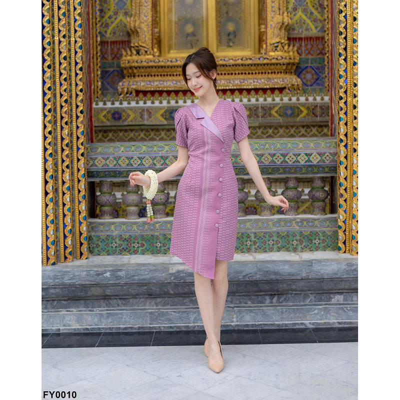 kudapy เดรสสั้นสีดำ/สีม่วง/สีชมพู ผ้าทอแต่งปกเทเลอร์แขนกลีบบัว