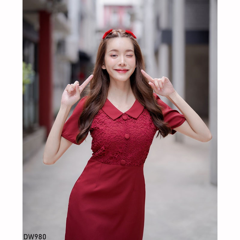 kudapy เดรสสั้นสีแดง ผ้าทออกลูกไม้ ใส่ออกงาน ทำงาน สวยดูดี