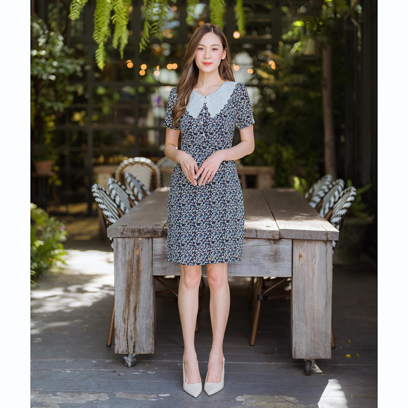 kudapy เดรสสั้นคอปกลูกไม้สีกรม/สีชมพู/สีเหลือง เดรสทำงานลายดอกปกลูกไม้