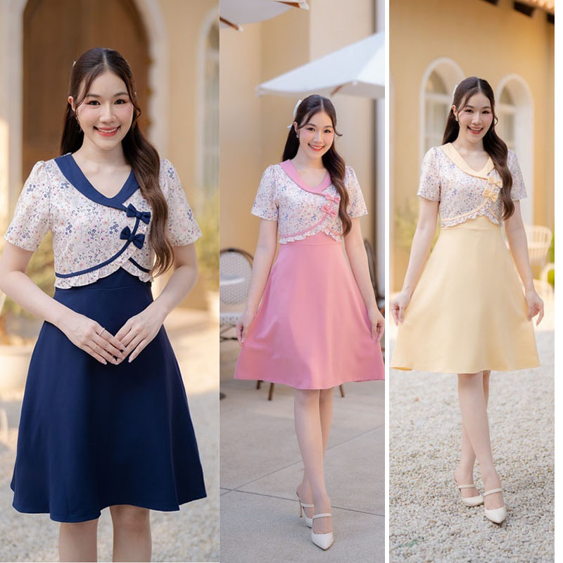 kudapy เดรสสั้นสีเหลือง/สีชมพู/สีกรม คอบัวเสื้อกั๊กทรงระบายเล็กๆ กระโปรงพริ้ว ดีเทลมีกระดุมน่ารักๆติดตรงอก