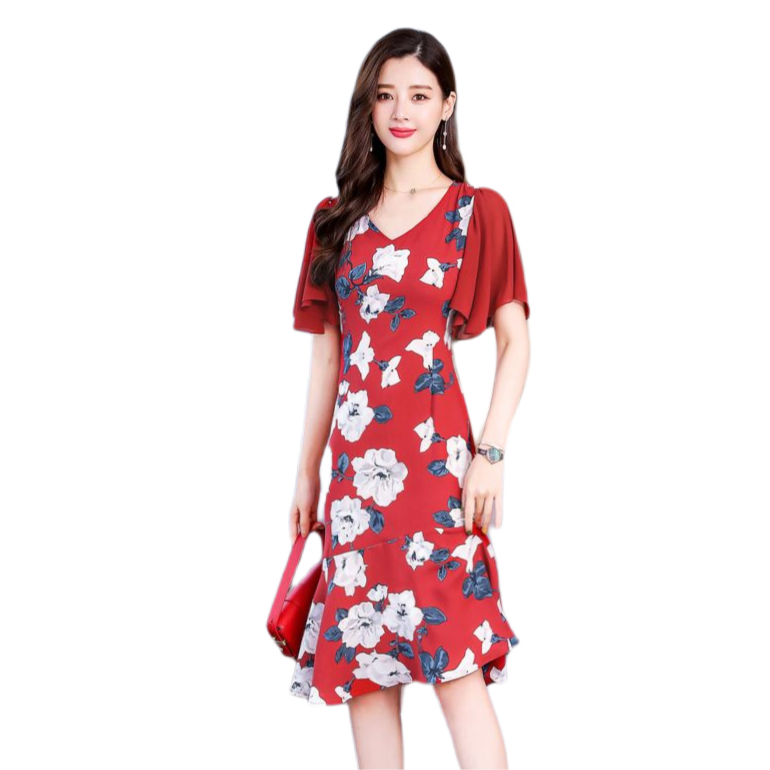 ชุดเดรสสั้นสีแดงพิมพ์ลายดอกไม้สีขาว ผ้าโพลีเอสเตอร์ผสม ผ้าพื้นพื้นสีแดง แขนระยาว ทรงเข้ารูปช่วงเอว M