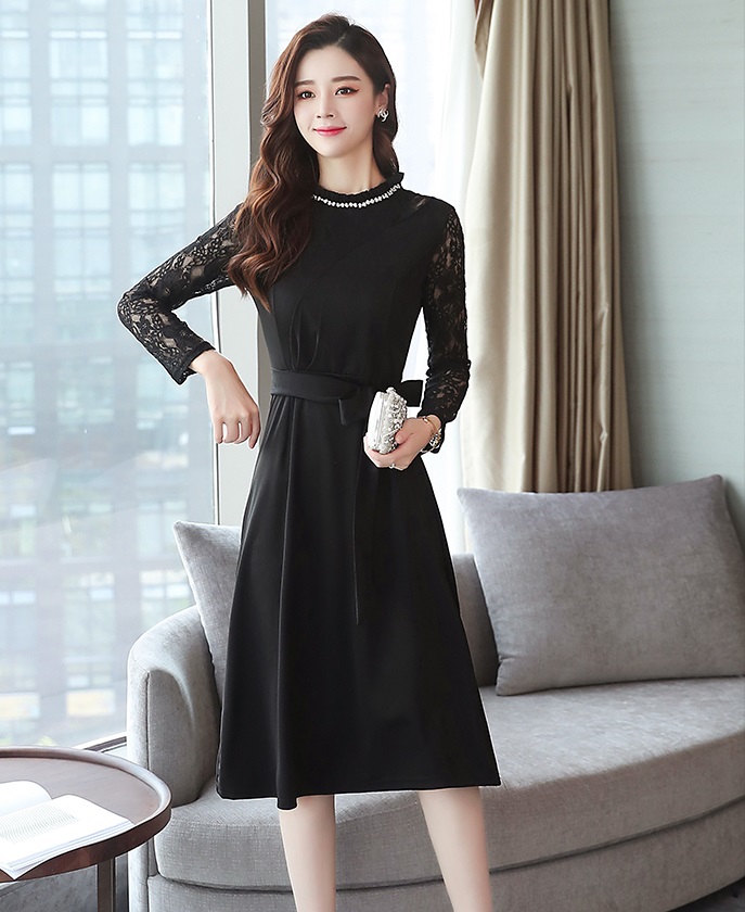 kudapy เดรสสั้นคอปีนแขนยาวสีแดงเลือดหมู/สีดำ มีโบว์ผูกที่เอวตามแบบ เดรสผ้าลูกไม้เนื้อนิ่มใสสบาย