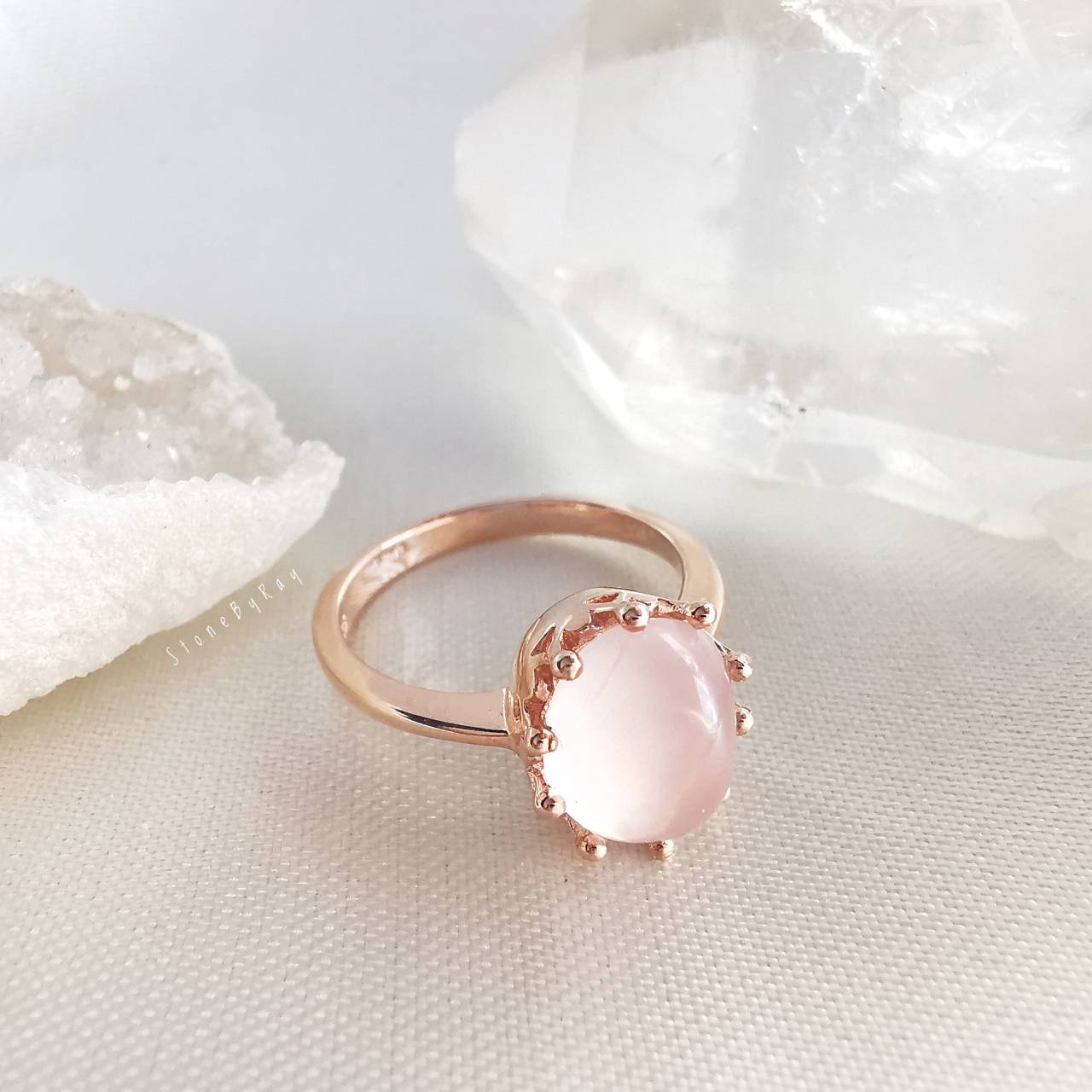 แหวนเงินชุบพิ้งโกล์ดหินโรสควอตซ์ Rose Quartz
