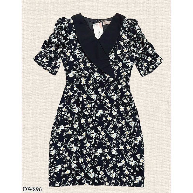 kudapy เดรสสั้นสีชมพู/สีดำ/สีเเหลือง เดรสทำงานทรงสูทลายดอก