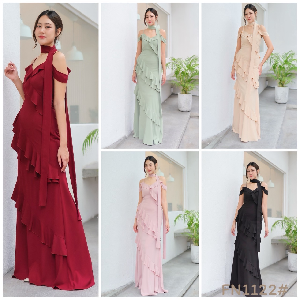 kudapy แม๊กซี่เดรสออกงาน สายเดี่ยวเปิดบ่า ระบายทั้งตัว เนื้อผ้าชีฟองหนา สวยพริ้ว