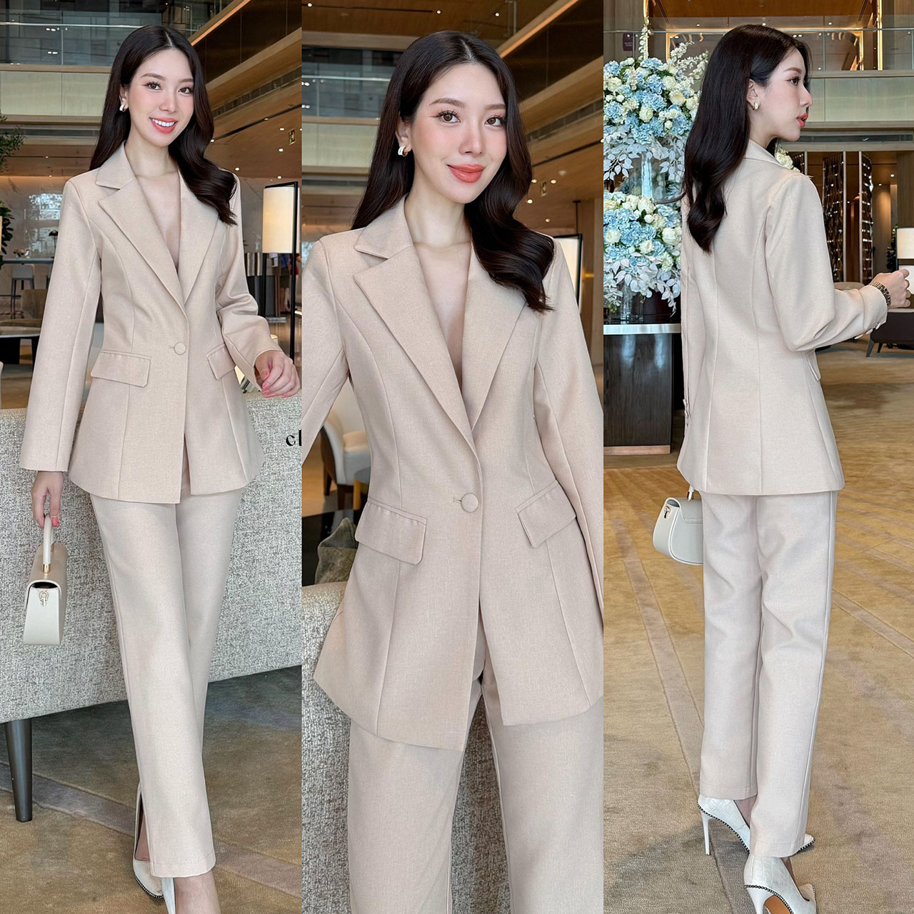 kudapy ชุดสูท สวยคลาสสิคแมทซ์ง่าย คล่องตัว เสื้อสูทมีซับในอย่างดี แต่งกระดุมปั้มผ้าเดียวกับสีชุด มาคู่กับกางเกงขายาวทรงกระบอกเล็กใส่สบาย