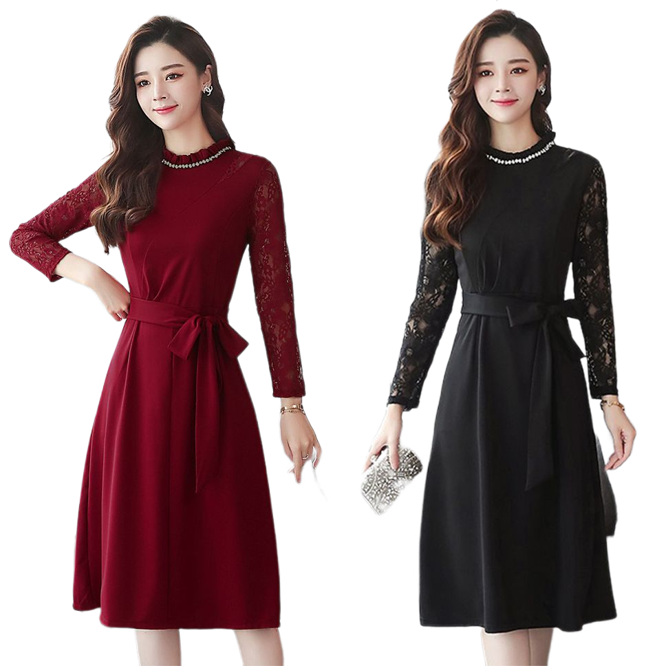 kudapy เดรสสั้นคอปีนแขนยาวสีแดงเลือดหมู/สีดำ มีโบว์ผูกที่เอวตามแบบ เดรสผ้าลูกไม้เนื้อนิ่มใสสบาย