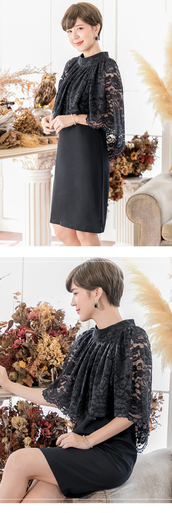 kudapy เดรสออกงานสีชมพู/สีดำ/สีกรมท่า ผ้าทวิลเกาหลี ดีไซน์ลูกไม้คลุมไหล่ แพทเทิร์นทรงตรง ผ่าหลัง ซิปซ่อนด้านหลัง มีซับในตัว