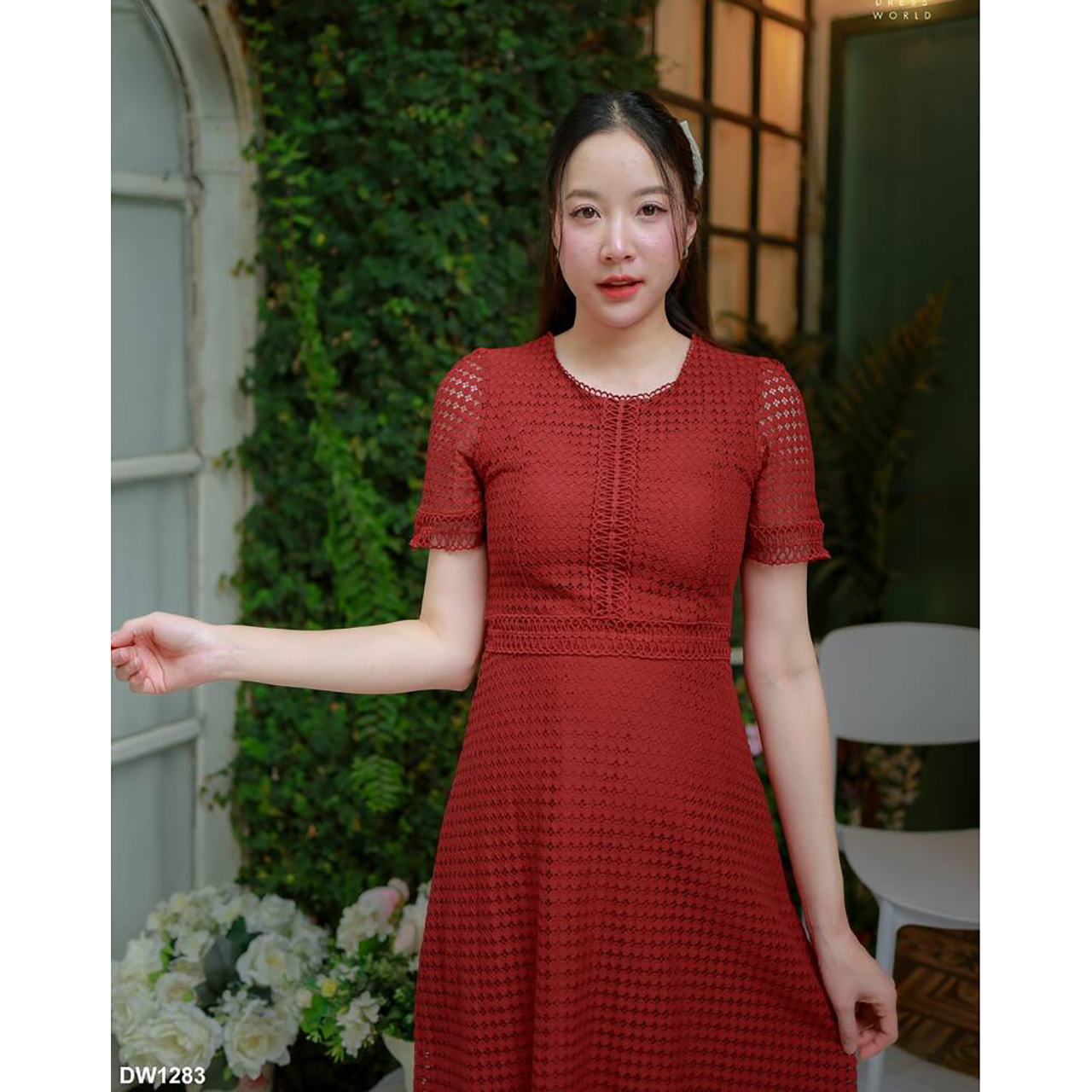 kudapy เดรสสั้นสีสีแดง ชมพู ขาว ผ้าลูกไม้ลายปัก ใส่สวยดูดี