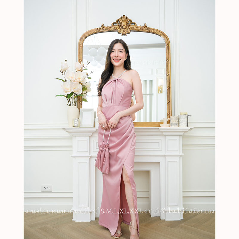 kudapy เดรสยาวสีชมพู/สีนู้ด/สีแดงเลือดหมู คล้องคอสายเพชร ผ้าเครปซาตินซับในทั้งชุด ชุดราตรีพรีเมี่ยม