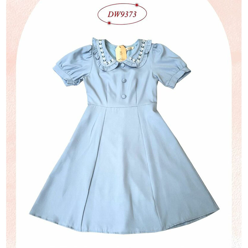 kudapy เดรสสั้นสีฟ้า/สีส้ม/สีกรม ปกคอปักทรงบาน