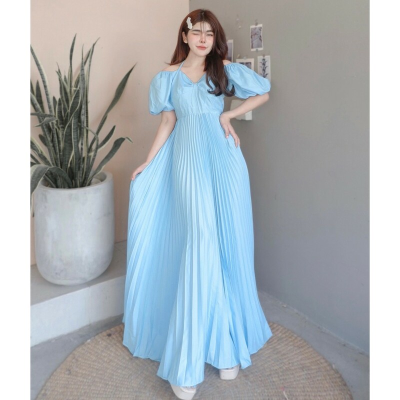 kudapy เดรสยาวแขนพอง สายผูกคอ กระโปรงอัดพลีท เดรสไปทะเลพริ้วๆ