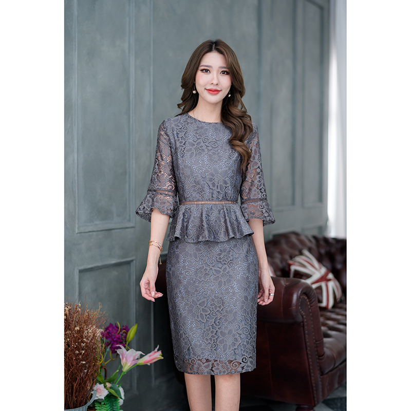 kudapy เดรสสั้นสีเขียว/สีเทา ลูกไม้ผ้านุ่มนิ่ม งานผ้าลูกไม้เนื้อหนานุ่มใส่สบาย งานผ้าลายสวยเรียบหรู