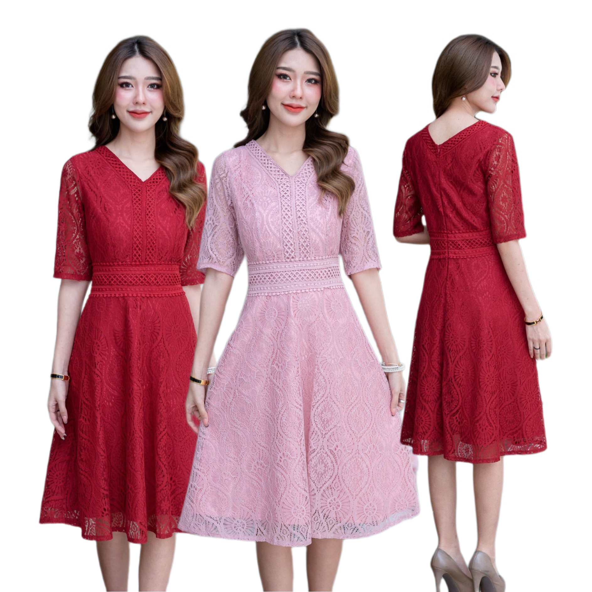 kudapy เดรสสั้นลูกไม้แขนยาวคอวีสีชมพู, สีแดงสด แต่งลูกไม้รอบคอมาจนถึงเอว กระโปรงทรงบานพริ้วสวย มีซับในทั้งชุดแต่งซิปหลัง