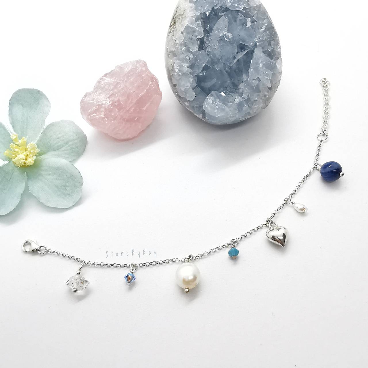 สร้อยข้อมือเงินหินไคยาไนท์+ไข่มุก+คริสตัลเฮอร์คิเมอร์ Kyanite+Pearl+Herkimer Diamond