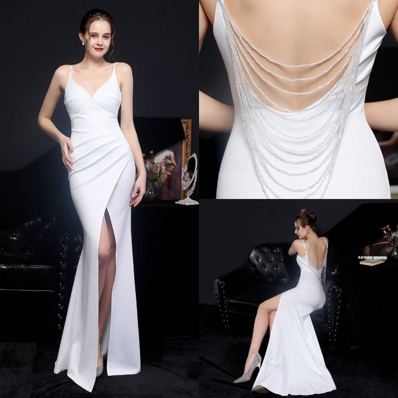 kudapy ชุดราตรียาวสายเดี่ยวเปิดหลัง สีแดง,ขาว,ดำ,ครีมทอง เดรสผ่าข้างจีบเอว ทรงเข้ารูป งานสวยจริงค่ะผ่าข้างตามแบบ