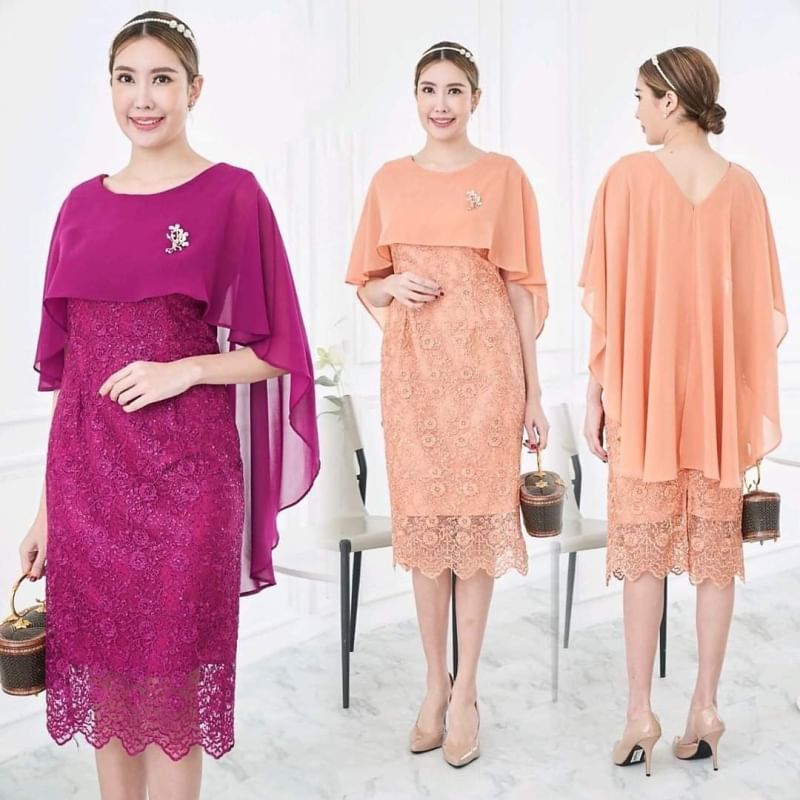 kudapy เดรสสั้นสสีชมพูอมส้ม/สีม่วง ลูกไม้เกรดPremium ดอกเด่นชัดปักเลื่อมสวยสะดุดตาและหรูหรากับ ทรงแขนปีกนางฟ้า