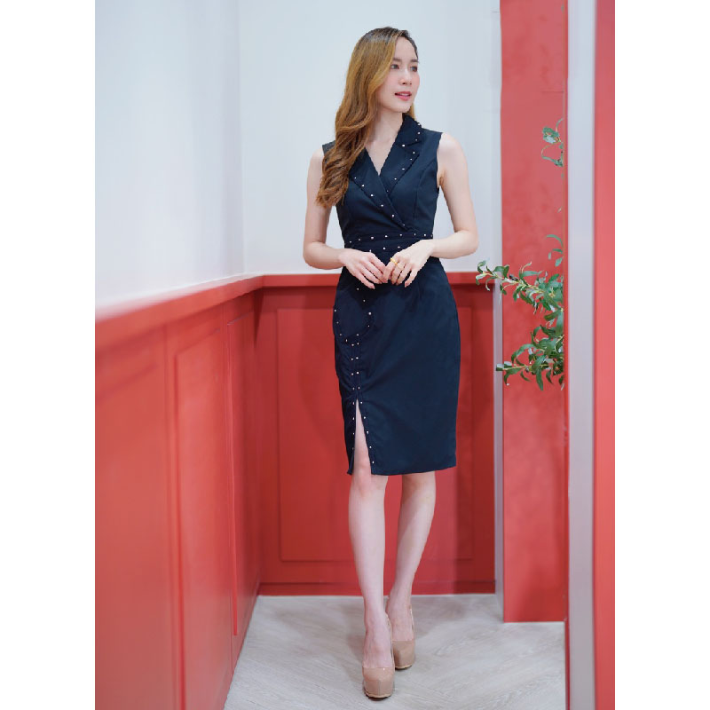 kudapy เดรสสั้นสีชมพู/สีดำ แขนกุดปกสูทกระโปรงปาดหน้าสวยใส่สบายดูดีมากๆ