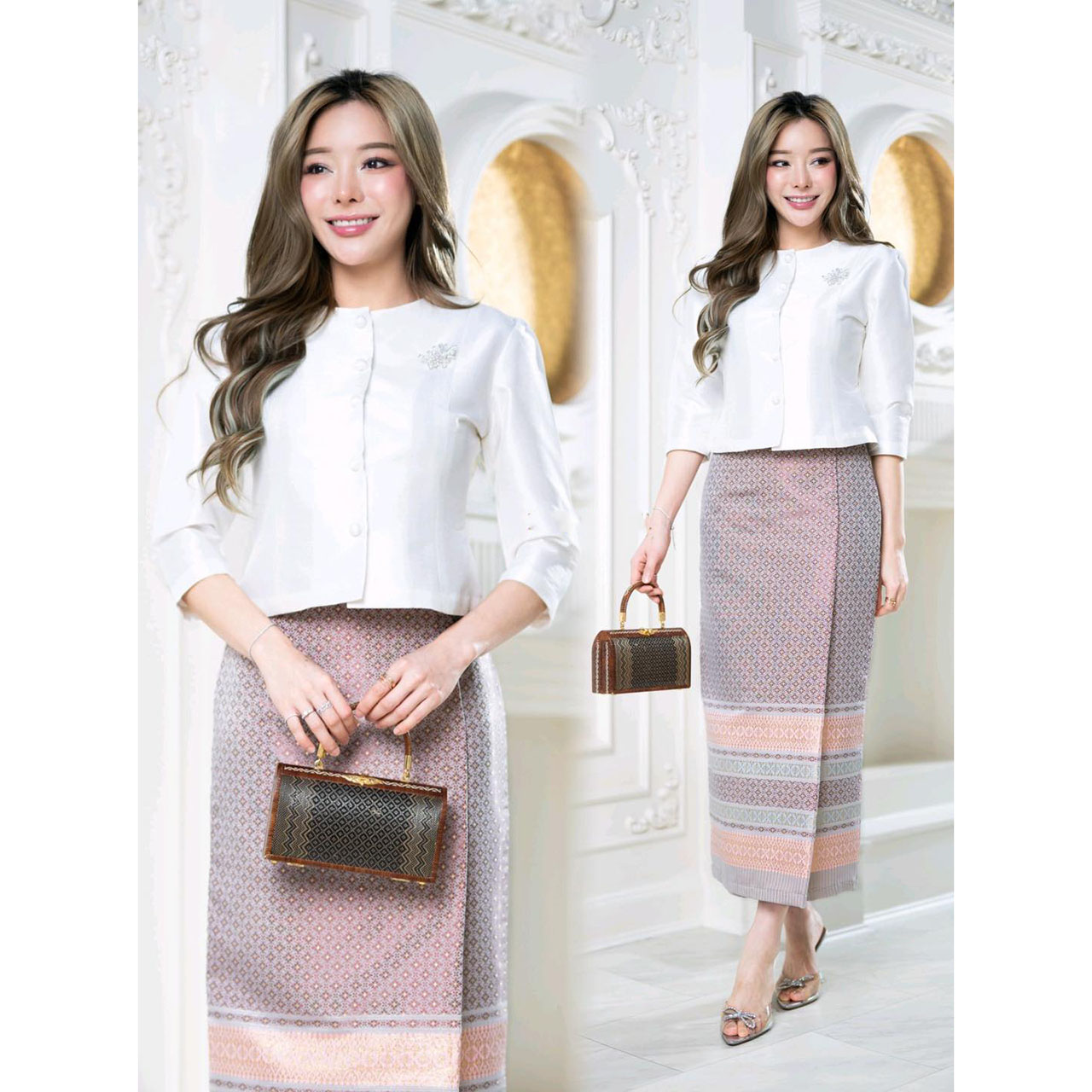 kudapy เซตสีขาวเงิน เรือนต้น เสื้อผ้าไหมอัดกาว กระดุมผ่าหน้า รุ่นนี้สวยลุคคุณนาย ผสมผสานความเป็นไทยได้อย่างลงตัว+ผ้าถุงทอลายกวินตรา