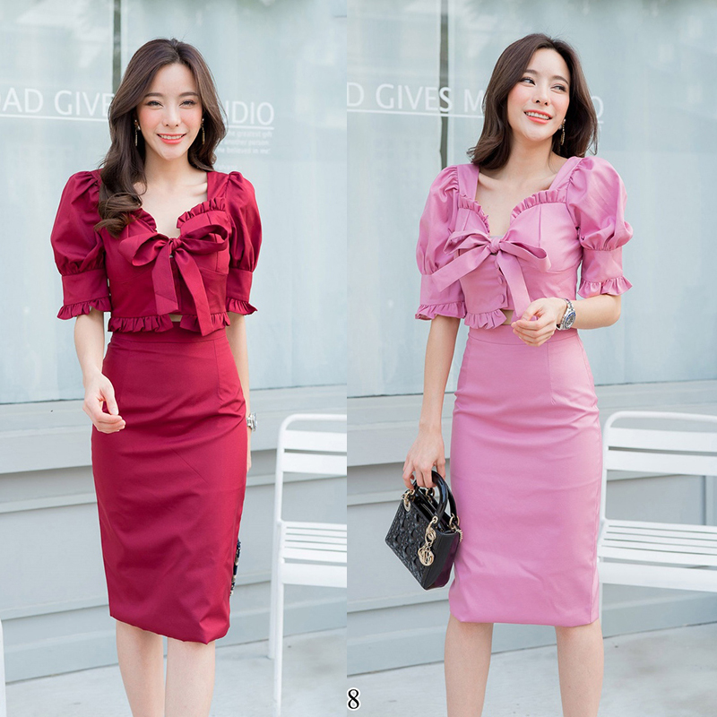 kudapy เซ็ทเสื้อระบายตุ๊กตา+กระโปรงเข้ารูปสีชมพู/สีแดง สวยดูดีใส่สบายตัว