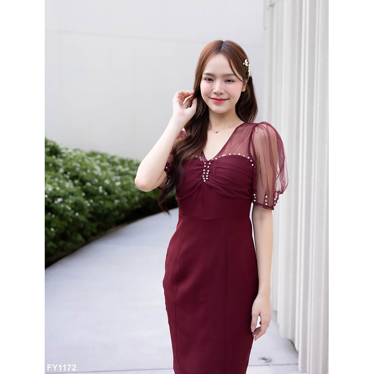 kudapy เดรสสั้นสีแดง/สีชมพู แขนตุ๊กตาขอบเพชร