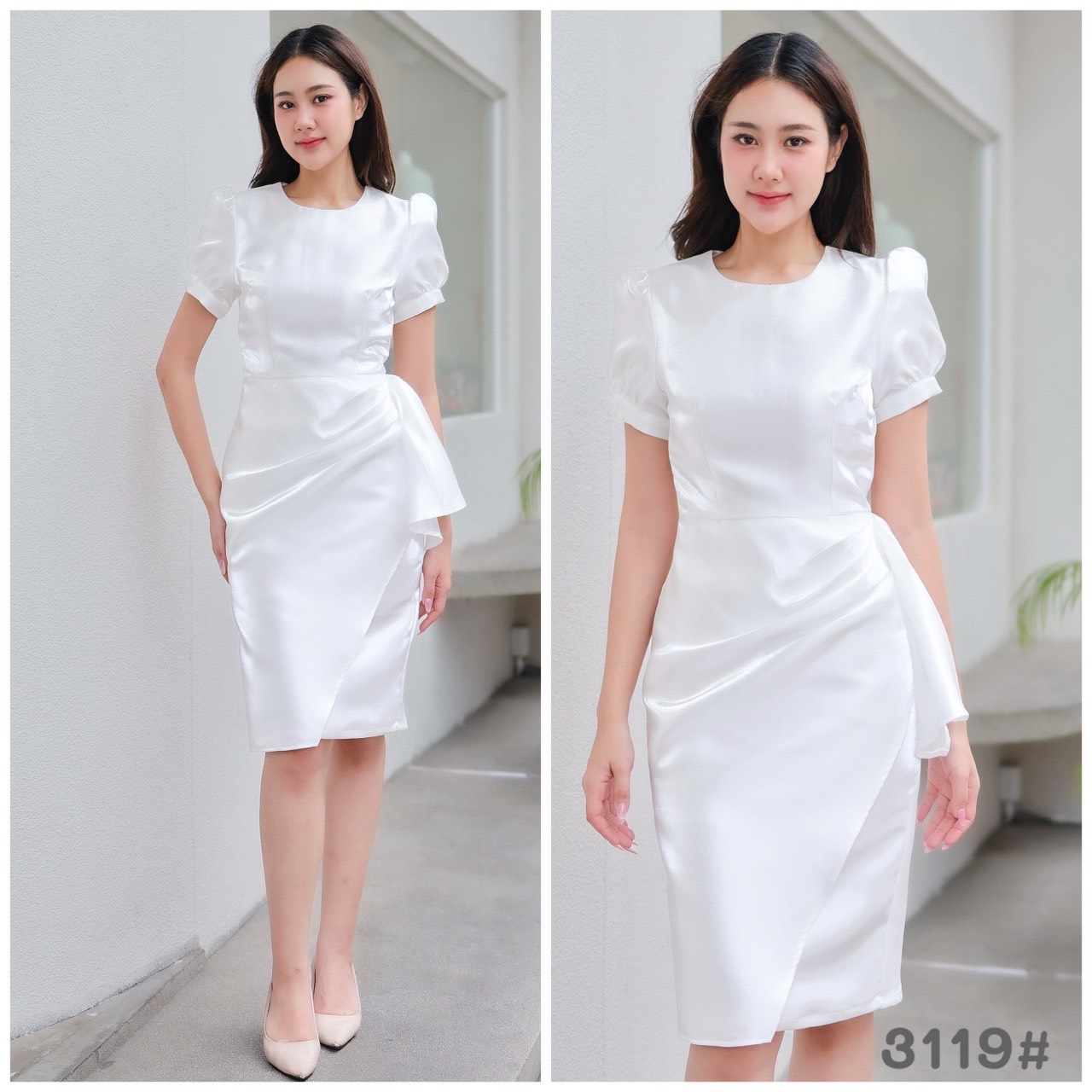 kudapy เดรสแขนตุ๊กตา คอกลม จีบระบายเอว กระโปรงสอบ ทรงดินสอ ผ่าหลังเดินสะดวก