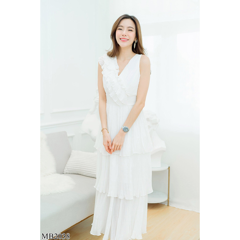 kudapy เดรสยาวสีชมพู/สีขาว แขนกุดกระโปรงพีท 3 ชั้น