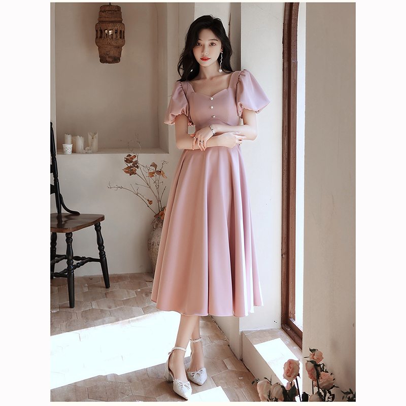 kudapy เดรสสั้นสีชมพู แขนบอลลูนแต่งกระดุมมุกกระโปรงทรงบาน สวยหวาน เรียบหรู สวยดูดี สไตล์มินิมอล ใส่ได้ทั้งงานกลางวัน กลางคืน