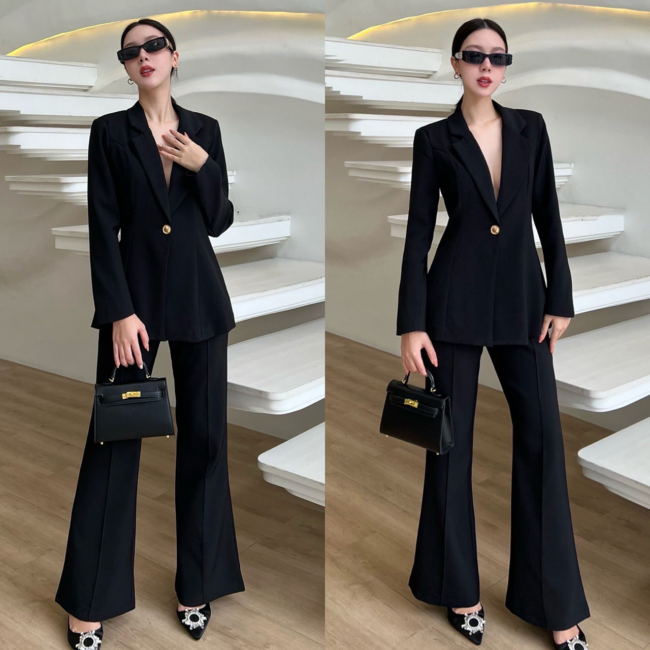 kudapy ชุดสูทมินิมอล วเสื้อสูทแต่งกระดุมทองด้วยหน้า 1 เม็ด เสริมฟองน้ำบางๆ นทรงสวย มีซับในทั้งตัว มาพร้อมกับกางเกงทรง Flare เย็บตีเกล็ดหน้า