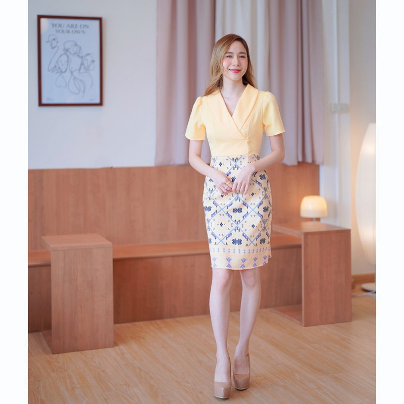 kudapy เดรสสั้นสีเหลือง/สีม่วง/สีกรม ปกสูทลายไทยสวยดูดีน่ารัก