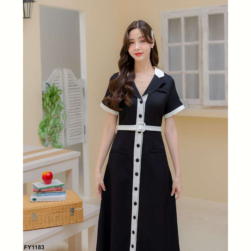 kudapy เดรสยาวสีชมพู/สีครีม/สีดำ เนื้อผ้าอย่างดี มาในทรงคลาสสิคที่ใส่ได้ตลอด สไตล์ติดกระดุมหน้า สีโทนสุภาพแต่งคอปกสุดชิค