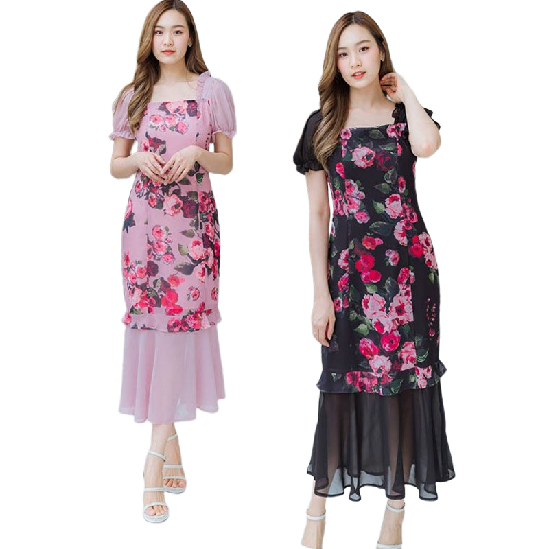kudapy เดรสยาวสีชมพู/สีดำ แขนจั๊มลายกุหลาบชีฟอง ใส่ออกงานใส่เที่ยว เนื้อผ้าเบาสวยดูดีมากๆ